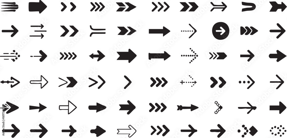 Naklejka premium Collection of diverse directional arrow icons for navigation and signage purposes