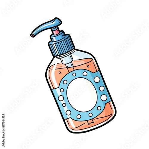 A cartoon depiction of a hand sanitizer bottle, featuring a light orange bottle with a blue pump dispenser and a light blue label with a circular design.