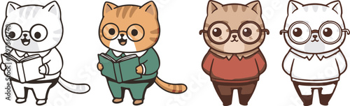 Cute kawaii cat acting like elderly with spectacles and cardigan, standing and reading book. International Day of Older Persons