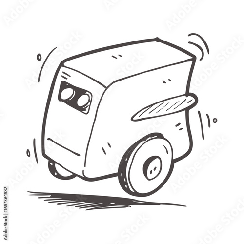 A Cartoon Robot on Wheels Whizzing By with Swirls and Shadows