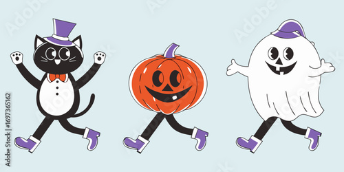 Whimsical halloween characters including a black cat in a top hat a smiling jack o lantern and a playful ghost running together