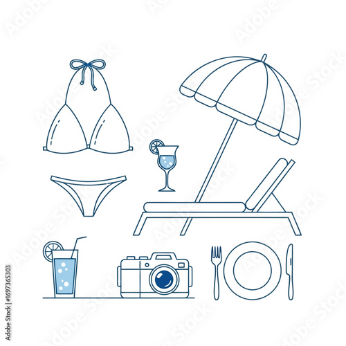 Illustration of beach vacation essentials including swimwear, drinks, and photography equipment.