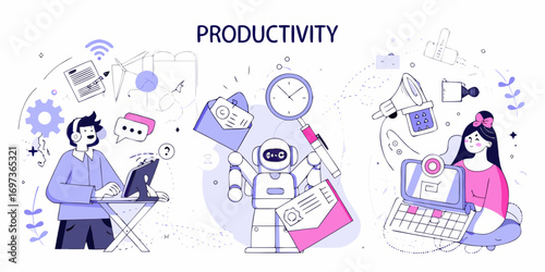 Modern illustration of productivity concepts with people robots and technology working together efficiently