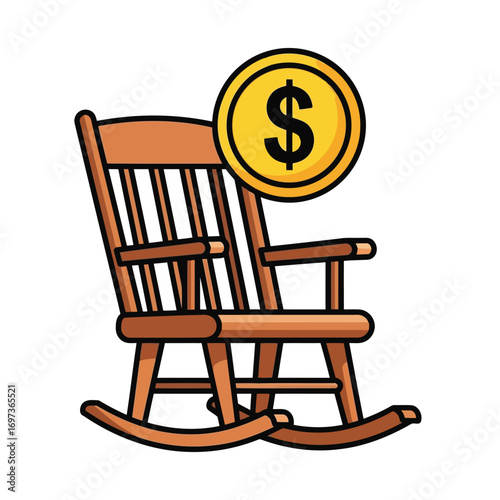 Wooden rocking chair with a dollar coin, suggesting the value of relaxation and leisure.