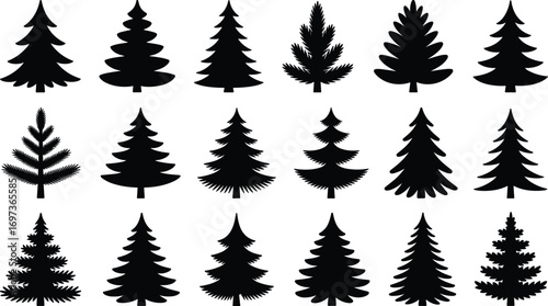 Pine Tree Silhouettes Vector Set – Stylized Fir and Spruce Tree Icons for Nature, Winter, Forest, and Holiday Design