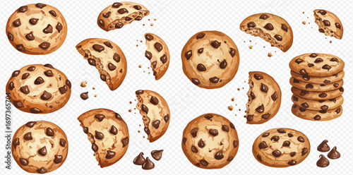 A delicious assortment of illustrated chocolate chip cookies, shown whole, broken in half, and stacked with crumbs.