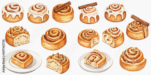 A collection of watercolor illustrations featuring various cinnamon rolls with icing, nuts, and cinnamon sticks.