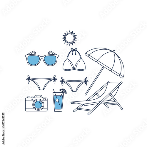 Collection of beach vacation essentials, including sunglasses, bikini, umbrella, lounge chair, camera, and a refreshing drink.
