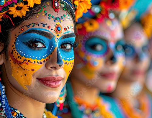 Colorful Calavera Catrina Dancers in Traditional Makeup