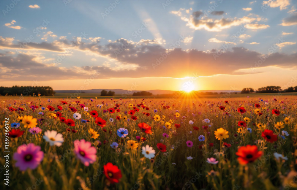 Naklejka premium Vibrant sunset over a sprawling field of wildflowers in full bloom. Golden hour light bathes the colorful blossoms, creating a serene and peaceful landscape.