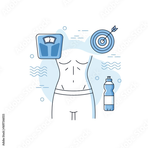 Illustration of a toned body with a scale, a water bottle, and a target, representing fitness and weight loss goals.