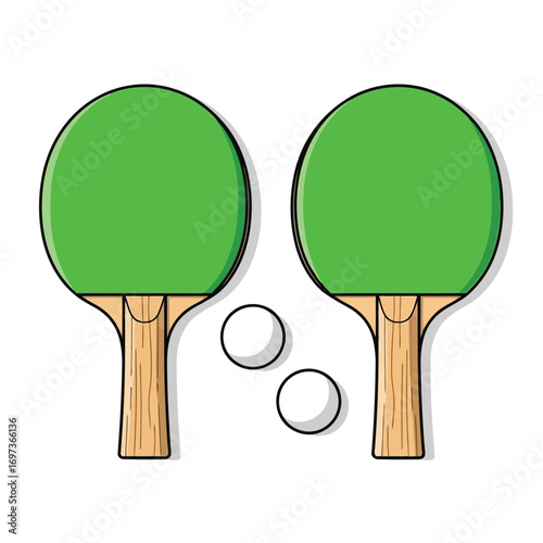 Two green table tennis paddles with wooden handles and two white ping pong balls on a plain white background, ready for a game.