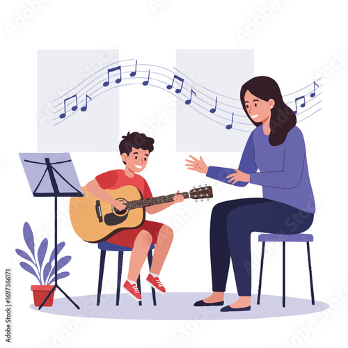 A vibrant flat 2D vector illustration depicts a happy child on a stool enthusiastically learning to play a guitar, with a gentle music teacher guiding their hands in a bright lesson room.