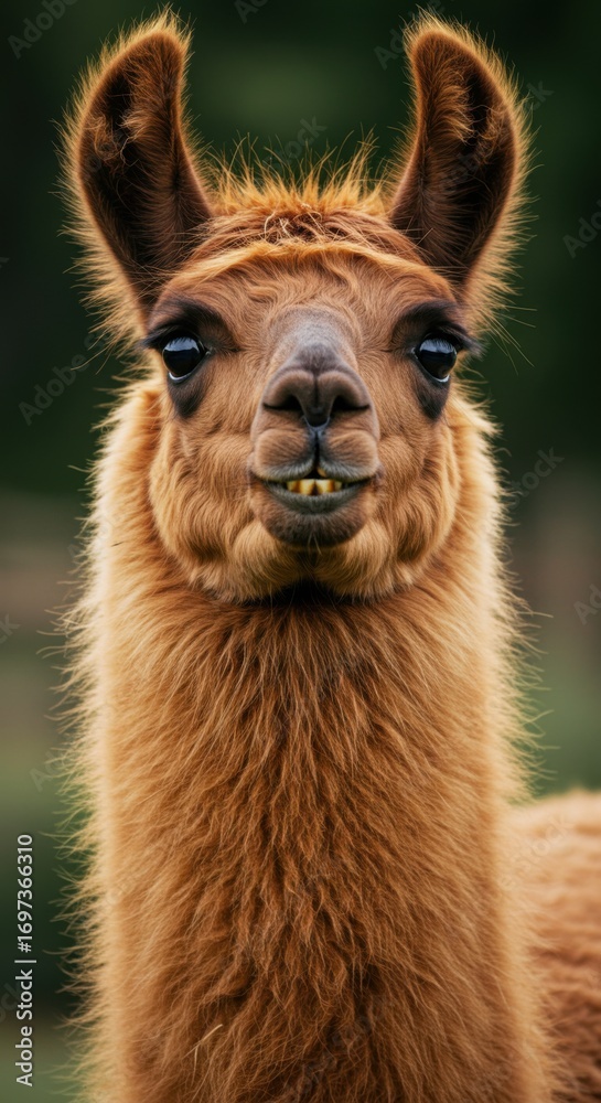 Fototapeta premium Curious Light-Brown Llama Staring Directly Into the Camera with a Quirky Expression