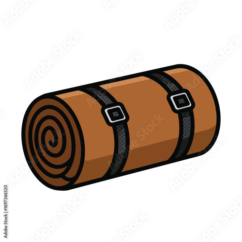 Rolled-up brown camping sleeping mat with black straps and buckles.