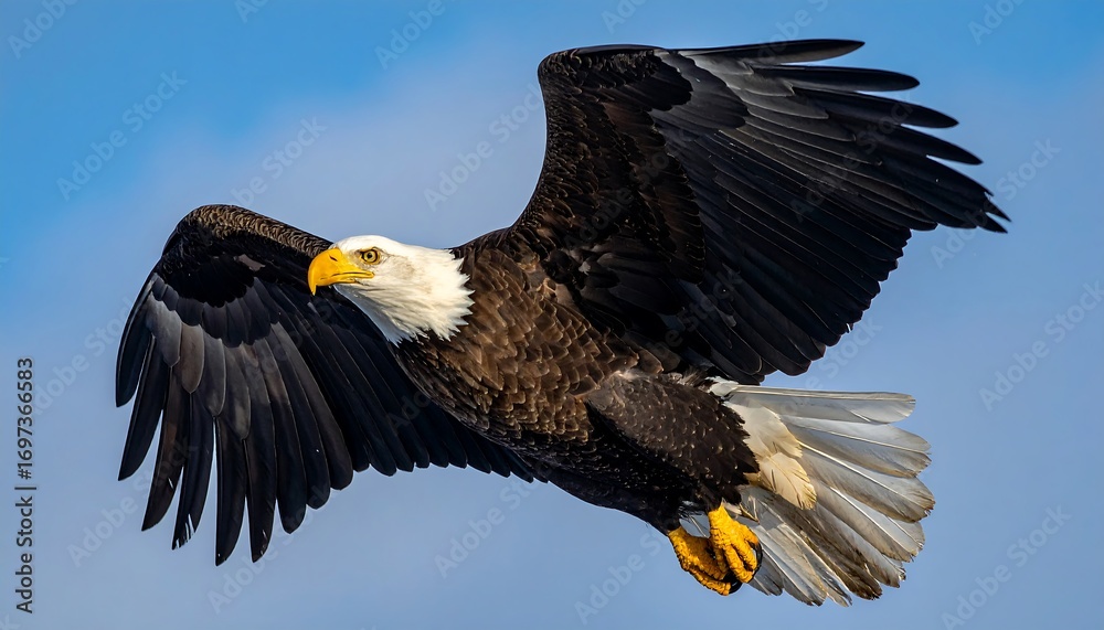 Fototapeta premium Majestic bald eagle soaring against a vibrant blue sky