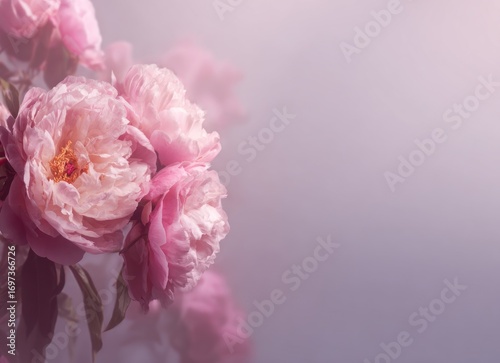 Wallpaper Mural Softly lit, pink peony blossoms cluster together, fading into a gentle, gradient background of purples and pinks with leaves in view Torontodigital.ca