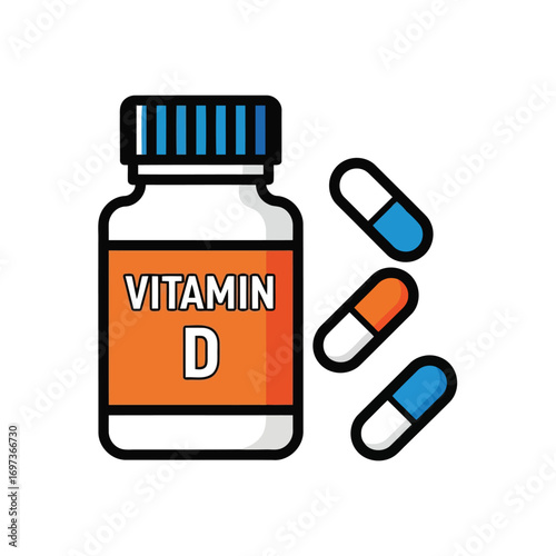 Vitamin D bottle and capsules illustration, dietary supplement.
