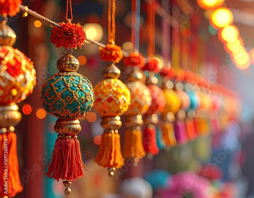 Colorful Ornamental Tassels Hanging Outdoors