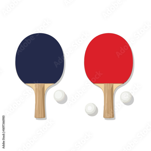 Two ping pong paddles with different colors and two white balls on a white background.