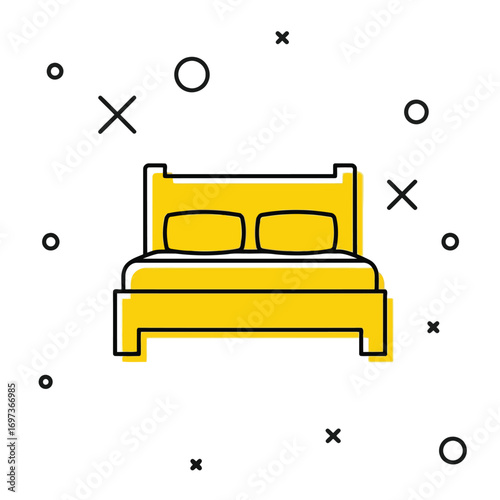 Yellow bed icon with pillows and frame on a white background.