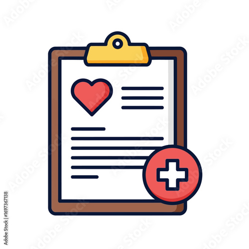 Medical clipboard icon representing a health record with a heart symbol and a red plus sign for healthcare.