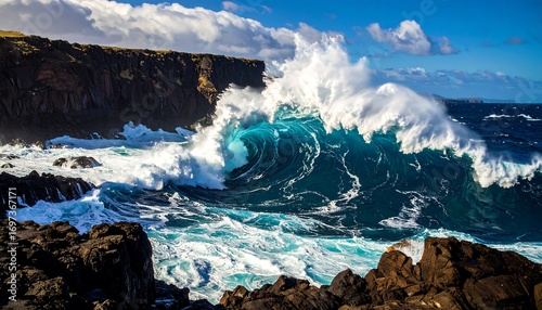 Powerful ocean waves crash against a dark volcanic cliff face, showcasing the raw power of nature.