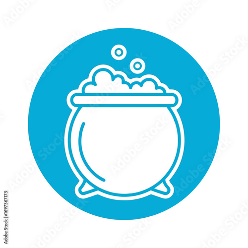 White outline icon of a bubbling cauldron with foam in a blue circle, representing magic, chemistry, or cooking.