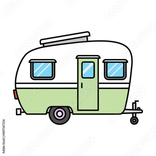 Illustration of a green and white camper trailer with a door and windows.