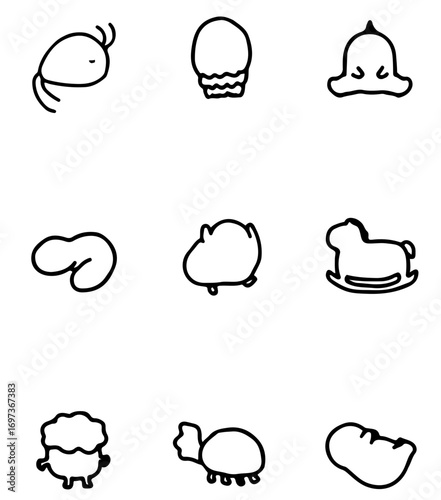 Charming hand-drawn icons of cute animals and toys spark joy and creativity for playful designs.