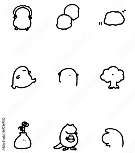 Charming hand-drawn icons capture whimsical characters and simple objects with playful charm