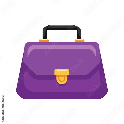 Purple leather briefcase, with black handles and gold clasp, illustration.