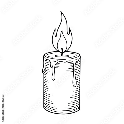 A hand-drawn illustration of a lit candle with dripping wax and a flickering flame.