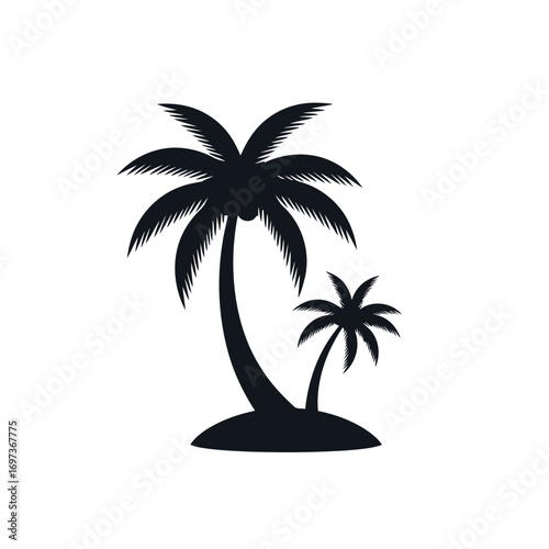 Black silhouette icon of two tropical palm trees on a small island, symbolizing vacation and paradise.