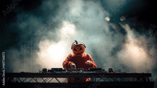 Pumpkin Mask DJ Performing On Halloween Stage