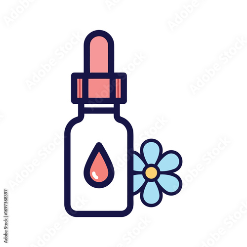 Stylized illustration of a dropper bottle with a pink liquid drop next to a light blue flower, representing essential oils or natural cosmetics.