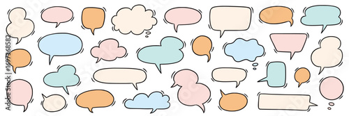 Speech bubble doodle talk set. Hand drawn comic doodle style dialog balloon, thought cloud speech bubble element pack. Cartoons speak of conversation elements. Vector illustration