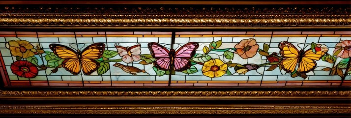 Stained glass panel with butterfly and flower designs framed in ornate gold border