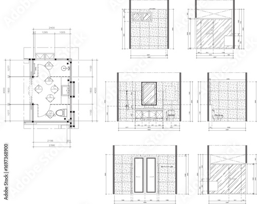 2D Interior Design Drawing – Bathroom Plan & Elevation Vector
