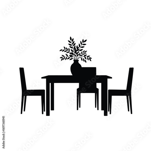 A black silhouette of a dining room table with three chairs and a vase of leaves on a white background.