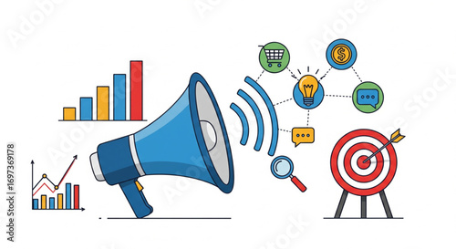 Marketing strategy business plan vector with megaphone, target, and charts. Great for advertising, digital marketing, and business growth projects.