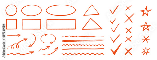 Wallpaper Mural Pen red emphasis set. Hand drawn crayon check marks, speech bubbles, punctuation symbols and comic lightning signs for teacher highlights. Hand drawn red emphasis marker shapes. Vector illustration Torontodigital.ca