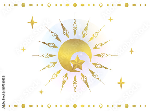 くすんだ金色の欠けている月と星と装飾線