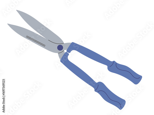 Garden shears with blue handles for trimming plants and shrubs in a home garden setting