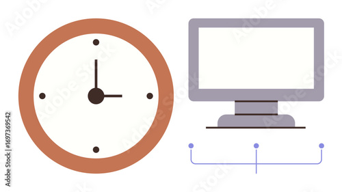 Analog clock with brown frame next to a minimalist computer monitor with flowchart lines linking elements. Ideal for productivity, time management, multitasking, work-life balance, digital tools