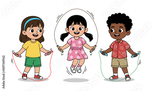A cheerful flat 2D illustration of three happy children playing jump rope together outdoors, smiling, colorful outfits, simple cartoon style.