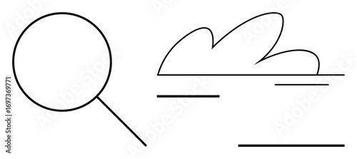 Magnifying glass examining abstract cloud shape and linear elements representing exploration, data analysis, discovery. Ideal for science, technology, research, search, innovation, inspection simple