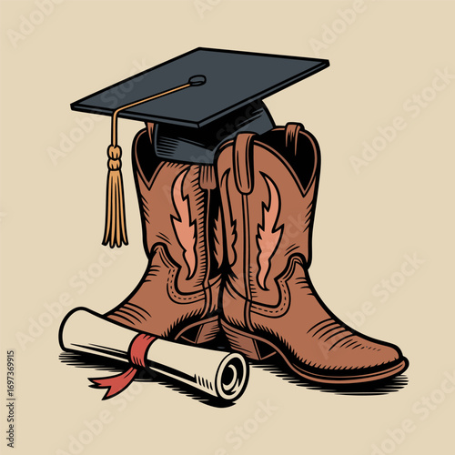 Graduation Cowboy Boots with Cap and Diploma Illustration