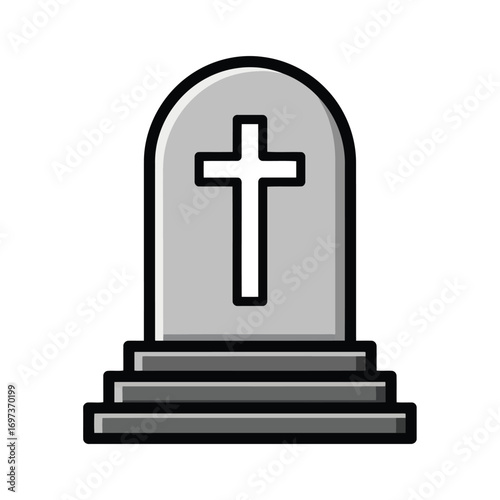 A simple, stylized illustration of a Christian tombstone with a cross on a set of steps.