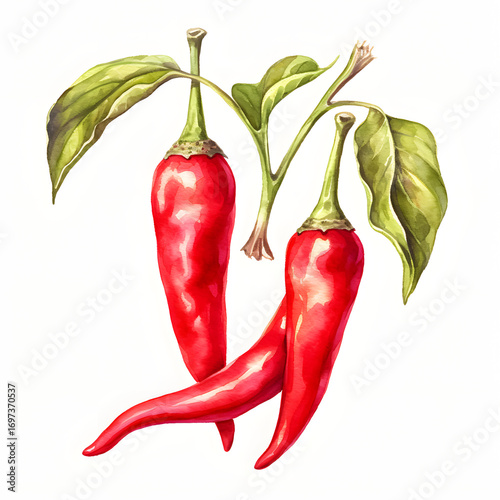Red chili hot pepper bush watercolor illustration isolated on white background.
